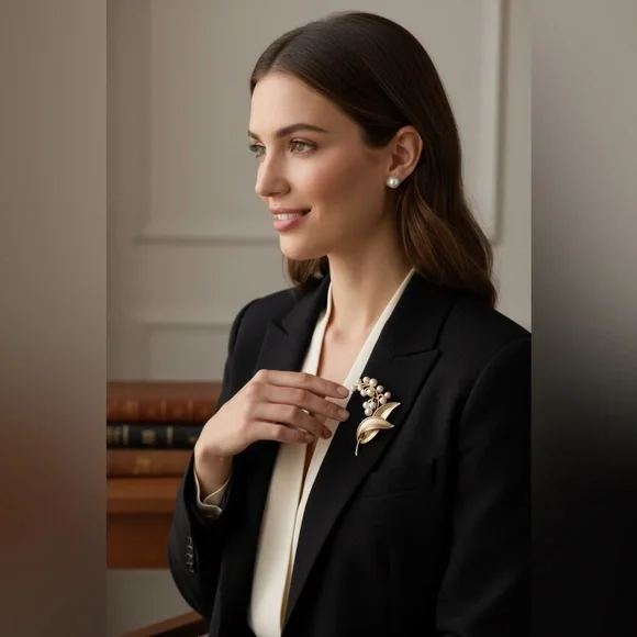 Vintage Trifari Faux Pearl Floral Brooch | Gold Tone Estate Piece - Picture 6 of 6